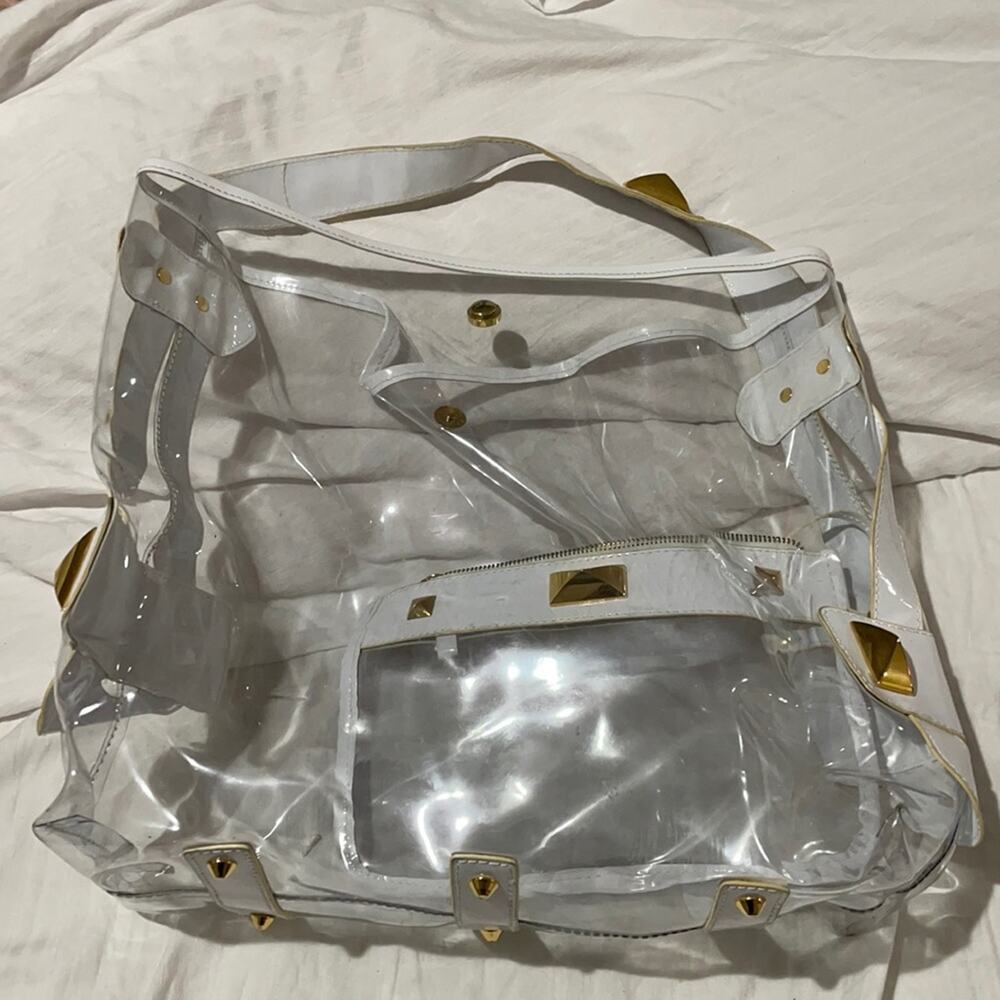 Clear large plastic see through white patent accents gold hardware guc